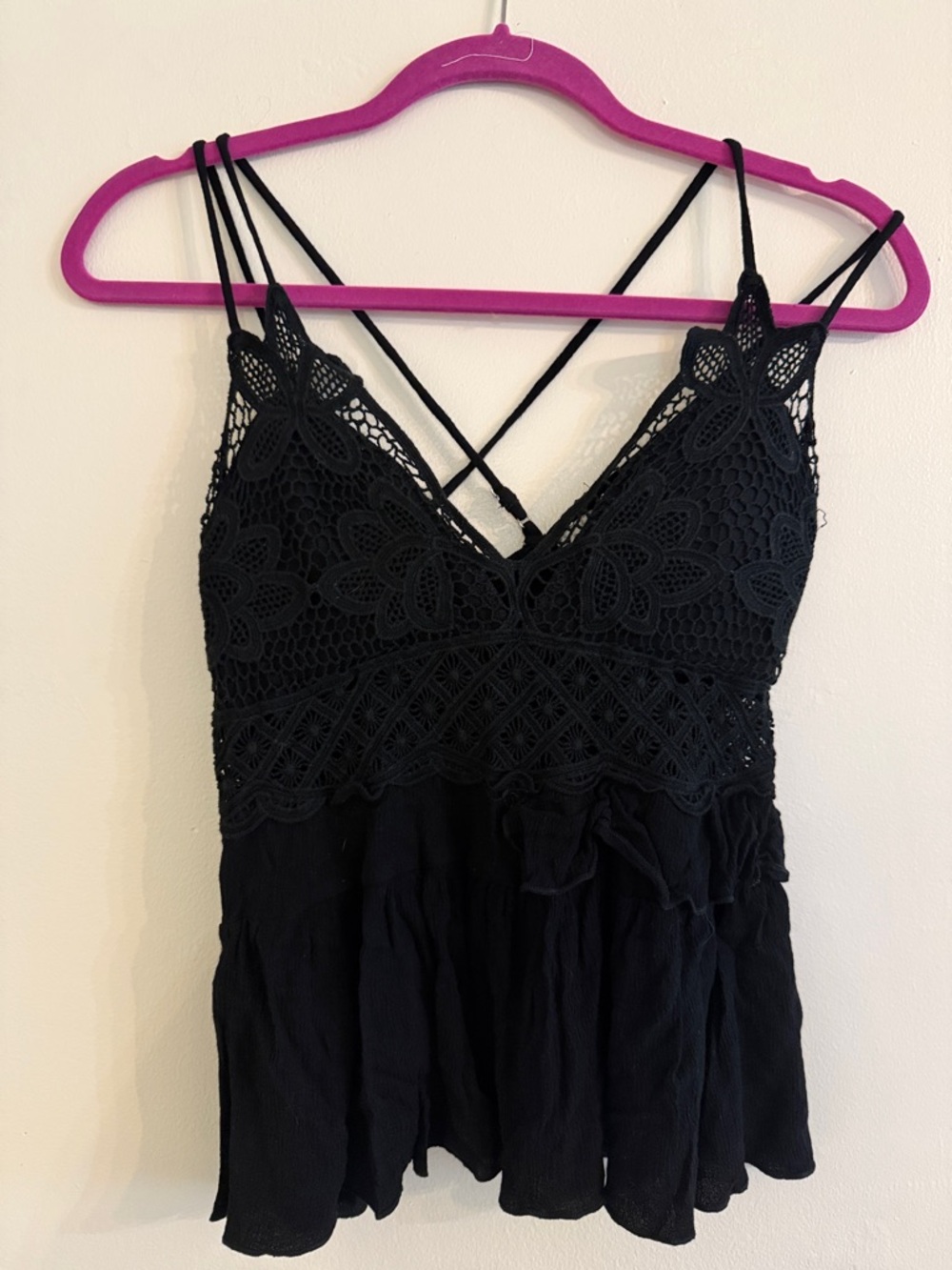 Black Crochet Lace Crop Top with Crisscross Straps